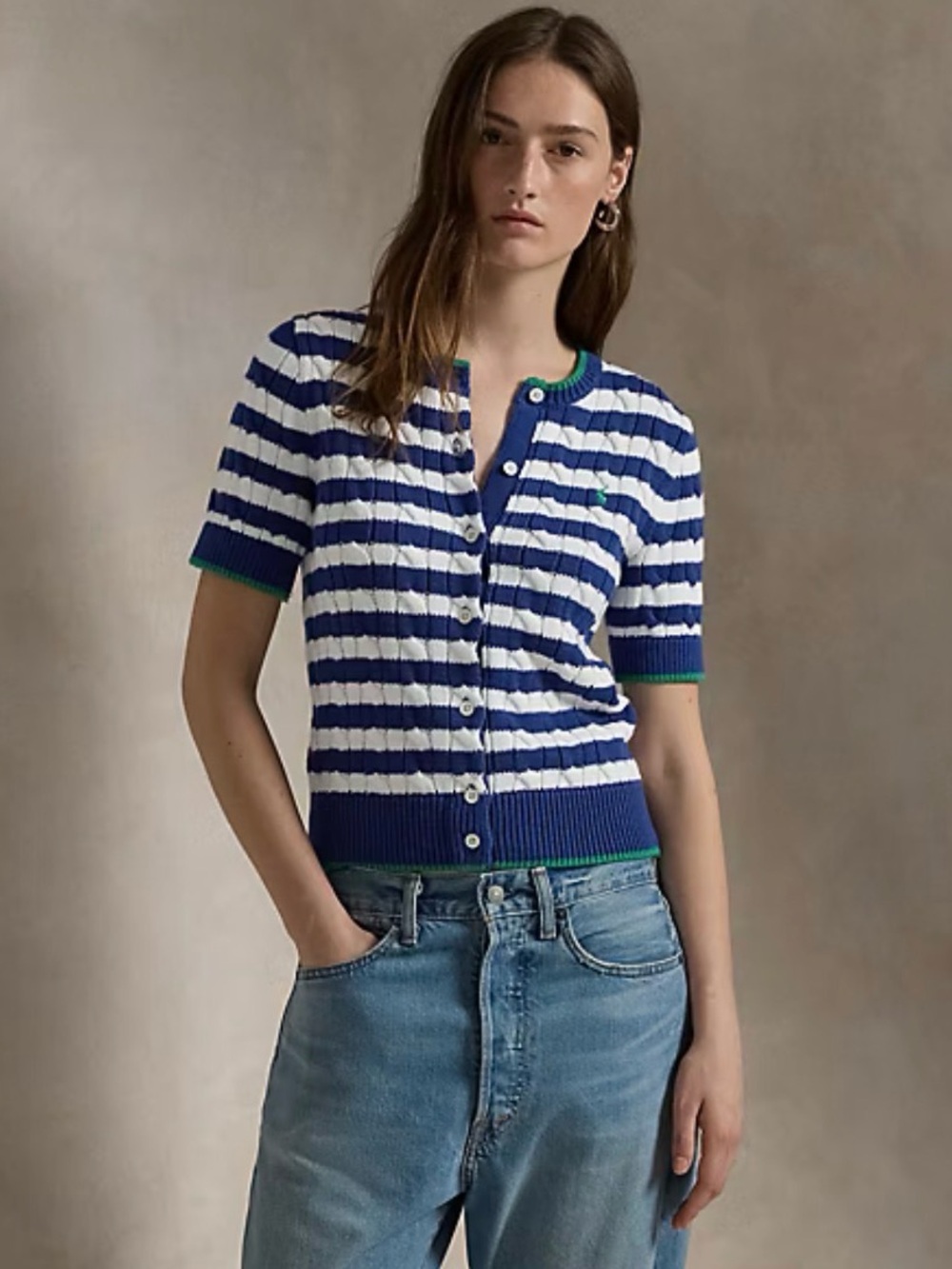 Polo Ralph Lauren Striped Cable-Knit Short-Sleeve Cardigan Button Up Sweater Top